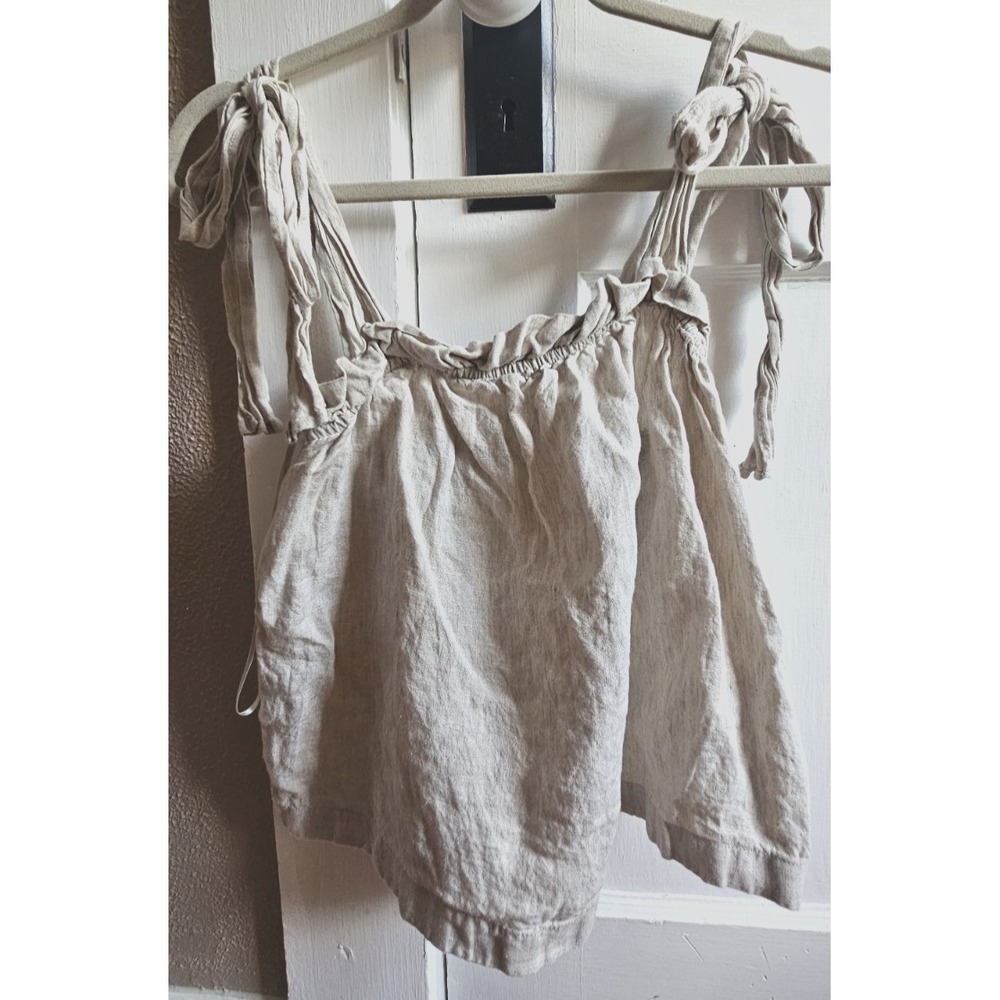 J CREW neutral linen crop top adjustable tie shoulder geathered neck Womans S